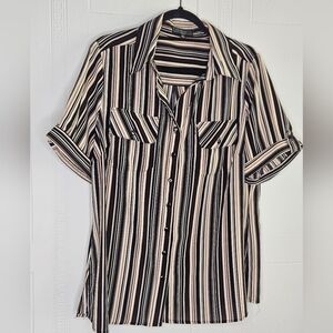 Elementz Striped Button Down Women's Short Sleeve Roll Tab Blouse Cream Black 1X